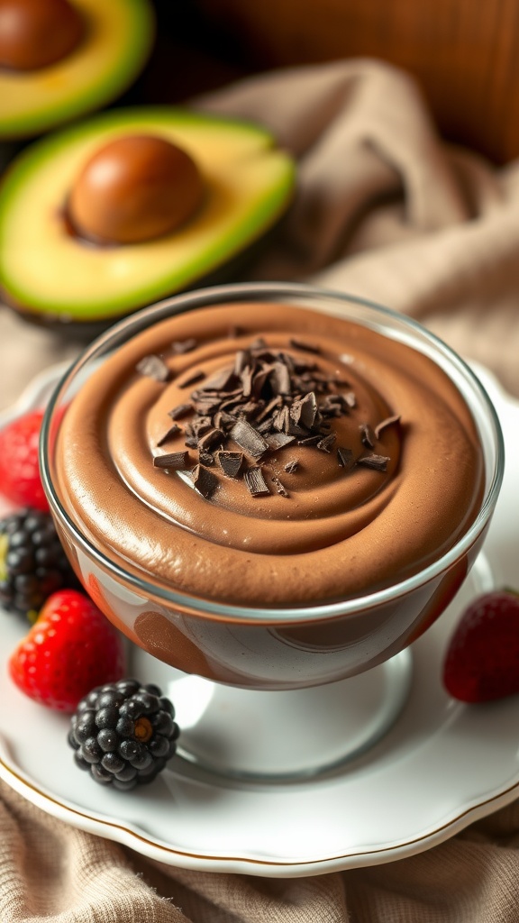 Decadent High-Protein Chocolate Avocado Mousse A rich chocolate avocado mousse garnished with dark chocolate shavings and fresh berries in a stylish bowl.